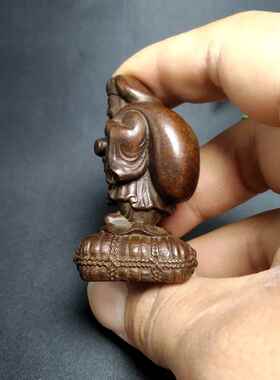 高档古神玩铜器纯铜手把件心大黑茶台古董实日本财天佛像茶宠小摆