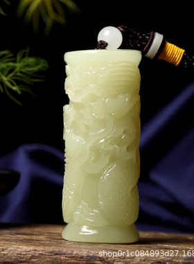 冰种阿富汗玉龙柱手把件男士盘龙柱辈辈福青白玉手玩件把玩件把玩