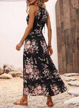 Women'S Floral Print Backless Midi Dress, Style Sleeveless