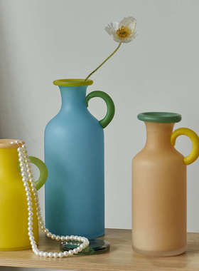 多巴胺色系ins餐桌摆件居家软装酒店样板间装饰哑光单耳玻璃花瓶