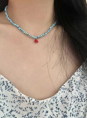 夏日蓝色串珠红色爱心设计感项链新款潮甜美百搭个性锁骨链