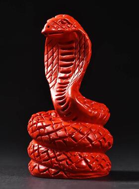 天然真朱砂红色蛇摆件十二生肖蛇形火属性吉祥物五行缺火装饰品
