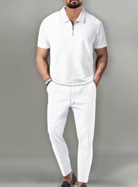 Men's suit with collar, short sleeved zipper, and long