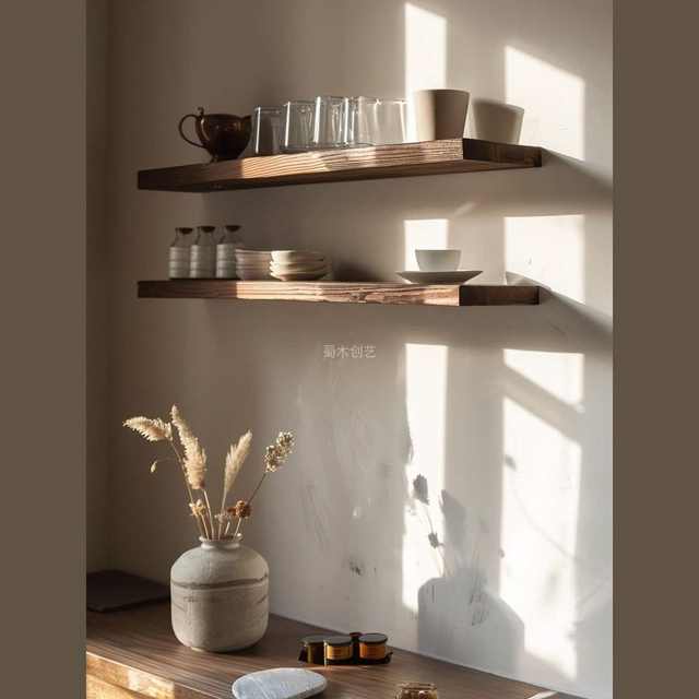 Black walnut color one-line partition hanging in the air new Chinese style living room storage long strip board laminate hanging wall shelf 30