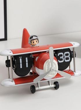 飞机自动翻页时钟桌面摆件机械表摆台式电子钟表礼物送男生实用