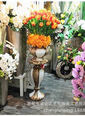 中式新款大理石白砂岩仿真花花艺底柱花盆一套酒店家居装饰摆件品