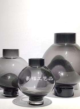 轻奢现代灰色束口大肚玻璃花瓶家居客厅样板房软装饰品插花装饰