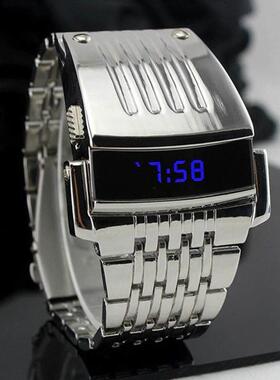 Fashion Blue Watches LED Display Wide Stainless Steel Band M