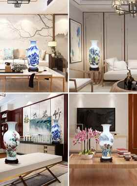 景德镇陶瓷青花瓷富竹插花瓶装饰客厅电视柜酒柜家居陈设