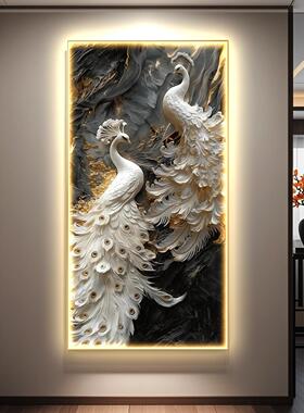 孔雀轻奢入户玄关装饰画 画带LED灯高级感浮雕立体挂画 画走廊过