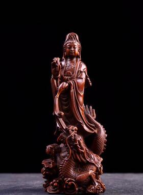 正品崖柏黄杨雕御龙世音菩萨像人物摆件家居观客木厅佛装饰实木工