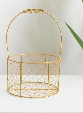 新款铁艺金色圆形拌手礼篮子结婚满月包装篮子金属礼品篮子手提