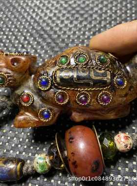 古玩复古岫玉龙玉璧镶嵌宝石九眼天珠五帝铜钱牛貔貅玉石包浆把件