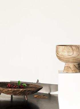 木质带脚长托盘侘寂风摆件茶几实木果盘客栈民宿风格软装饰品摆设