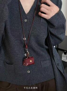 豹纹皮质零钱包吊坠项链女耳机套收纳包包长款挂脖秋冬毛衣链配饰