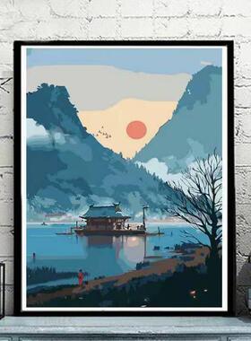 数字油画diy手工绘制填色简约现代ins风景油彩客厅装饰画空中鲸鱼
