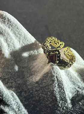 新品独白亚特兰鸢尾花黑金色石榴红开口戒指小众复古甜酷中古风女