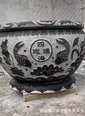 青石仿古水缸别墅户外石雕鱼缸庭院养鱼荷花石缸聚宝盆复古摆件