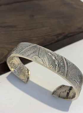 正品不同银匠 原创925纯镯银摩手根银宽版开口币复古字母男女手工