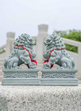 中式招财石狮子一对镇宅家用摆件鱼缸造景桌面家居装饰青石石狮子