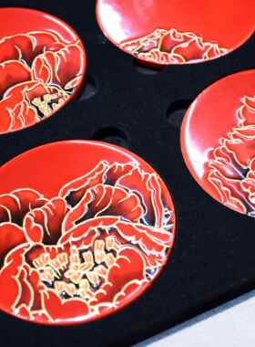 高档彩艺原创《鎏牡丹》手工陶瓷隔金热杯垫餐洛阳特色自三桌用送