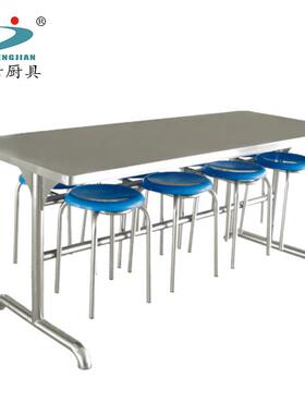 饭堂8人位连体不锈钢餐桌椅食堂学校员工快餐桌椅多位组合定制