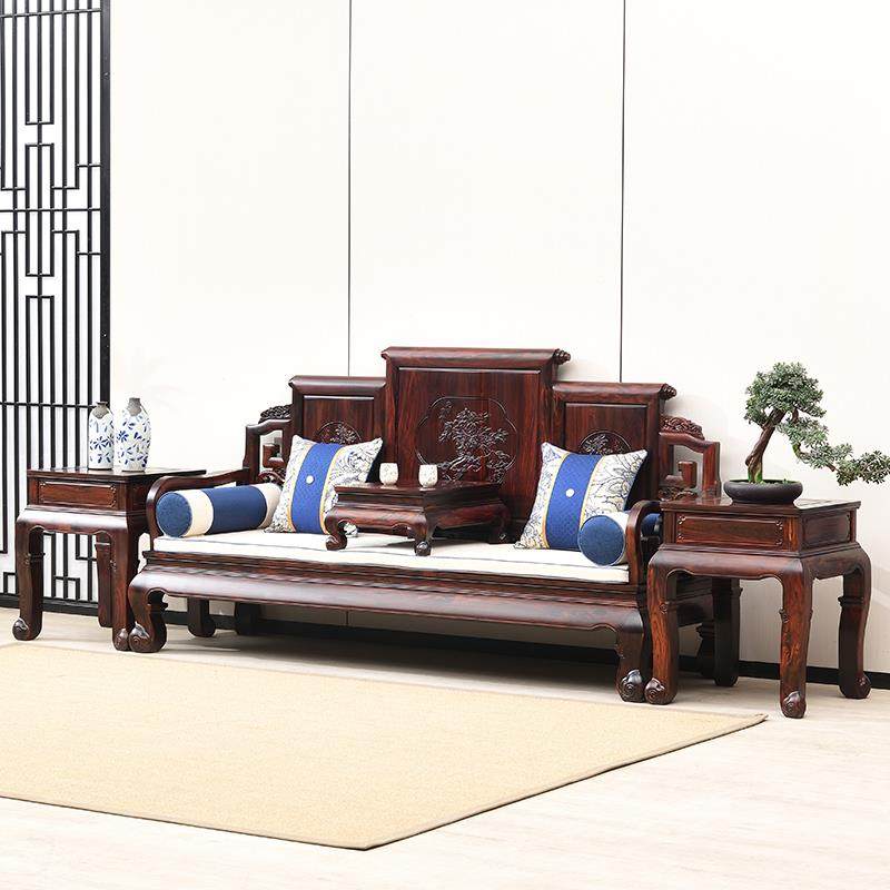 国标红木家具客厅全套印尼黑酸枝红木沙发中式全实木卷书沙发组合 - 图1
