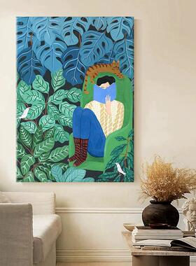 玄关抽象人物小众艺术装饰画客厅卡通动物壁画绿色系热带植物挂画