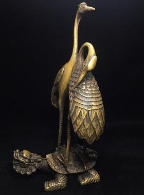 古玩杂项收藏仿古做旧黄铜铜器仙鹤站像龟鹤鳌头双鹤摆件装饰品