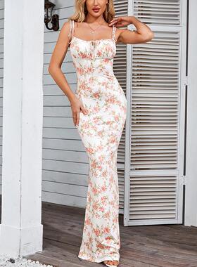 Women'S All Over Print Tie Shoulder Mermaid Hem Cami Maxi