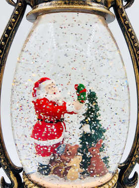 圣诞老人捧花圈水晶风灯黑刷金欧式复古手提马灯带灯树脂工艺水灯