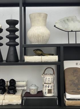 中式博古架摆件玄关侘寂风烛台茶室书房软装饰品禅意茶具香炉花瓶