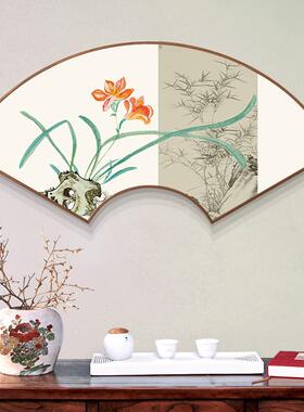 新中式客厅扇形迎客松装饰画梅兰竹菊扇形挂画书房茶室楼背景墙画