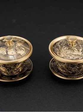 中式黄铜莲花龙凤杯三件套敬茶摆件盖碗龙凤铜茶碗工艺品百福茶具