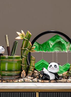 朱炳仁熊猫文创笔筒轻奢高级感流沙画摆件桌面送老师教师节礼物品