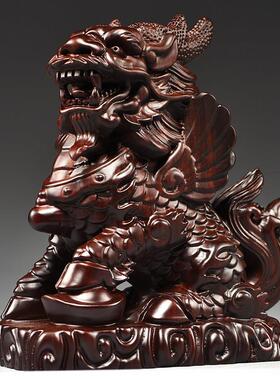 黑檀木雕麒麟摆件一对木制家用办公室客厅卧室装饰工艺品开业送礼