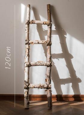 高档白桦木梯窗子落地装饰摆饰幼儿园艺环创花庭院园花艺橱拍摄道