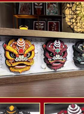 中式实木相框醒狮桌面摆件装饰招财纸艺文创展示框国潮画框摆台