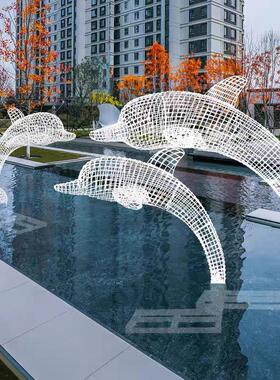 定制不锈钢铁艺鲸鱼海豚雕塑网格镂空编织金属展厅海洋动物摆件