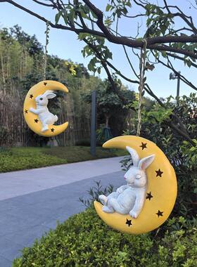太阳能可爱兔子月亮灯户外庭院民宿造景树挂花园阳台装饰品摆件