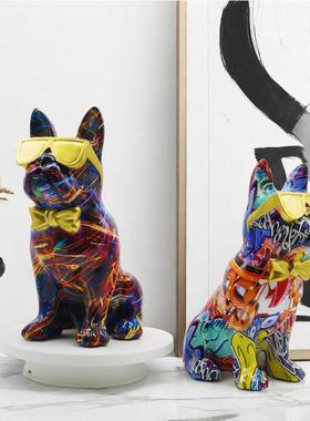 入门玄关摆件飘窗摆件装饰新款转印炫彩眼镜狗摆件家居玄关办公桌
