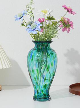 复古手工色玻璃花摆件家居绿客玻厅餐桌玄-关创意轻奢璃插花装瓶