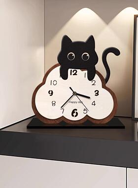 中古风猫咪桌面时钟摆件创意艺术挂钟客厅玄关高级感座钟表摆台式