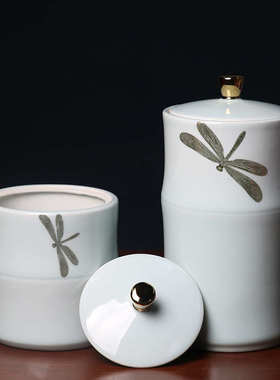 新中式蜻蜓陶瓷罐摆件样板房茶室软装饰品玄关电视柜茶几桌面家居