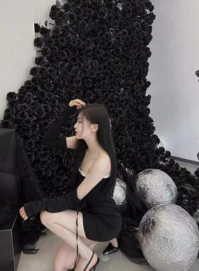 瀑布彷真玫瑰花哥特黑玫瑰打卡花墙黑色彷真花高级复古风玫瑰