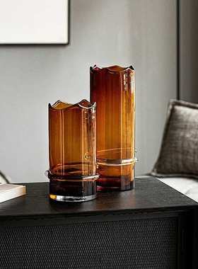 轻奢北欧直筒缠丝口部不规则摩卡棕色琉璃花瓶客厅卧室书房桌面