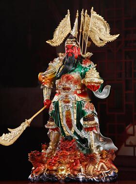 纯铜彩绘关公摆件聚宝盆关公神像家用办公室招财武财神九龙关二爷