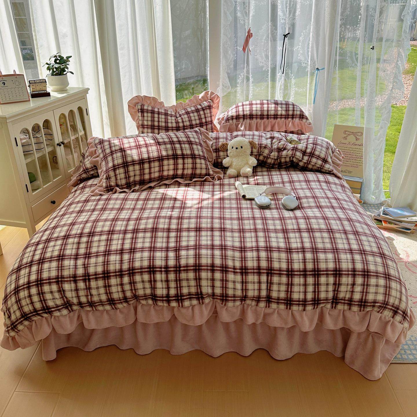 秋冬保暖中古风格子牛奶绒花边床盖床单四件套主卧床单被套床品,淘宝优惠券,粉丝福利购,淘宝优惠卷