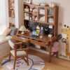 Solid wood children's study table desk bookshelf integrated student desk home simple writing desk hole board computer desk