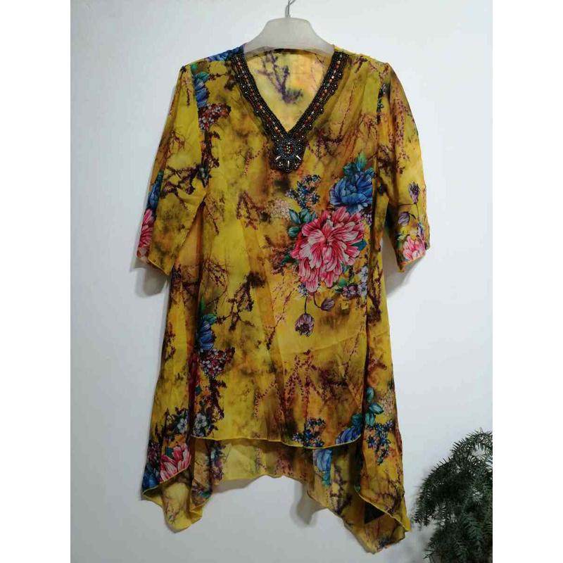 新款夏女雪纺套装妈妈休闲印花薄加大V领亮钻胖姐m网红两件花套衫,淘宝优惠券,粉丝福利购,淘宝优惠卷